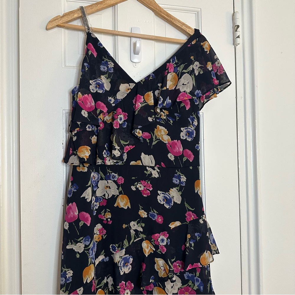 Lauren Ralph Lauren Floral Crinkled Georgette Dress Blue Tiered Ruffle Beaded 6 - Picture 4 of 12